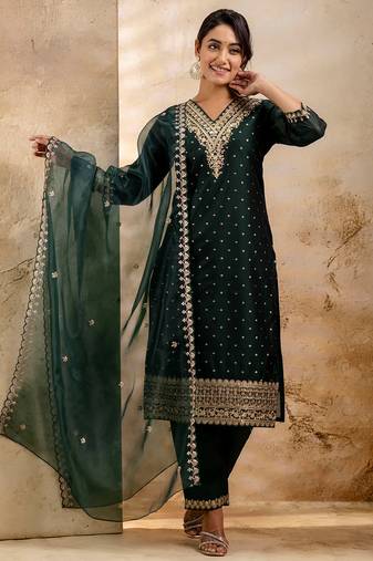 green fancy chanderi silk kurta set