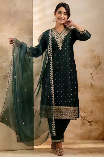 green fancy chanderi silk kurta set