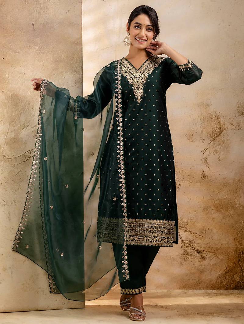 green fancy chanderi silk kurta set