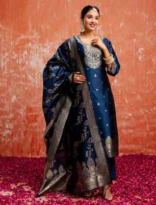 blue fancy cotton silk kurta set 1