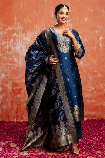 blue fancy cotton silk kurta set