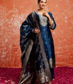 blue fancy cotton silk kurta set