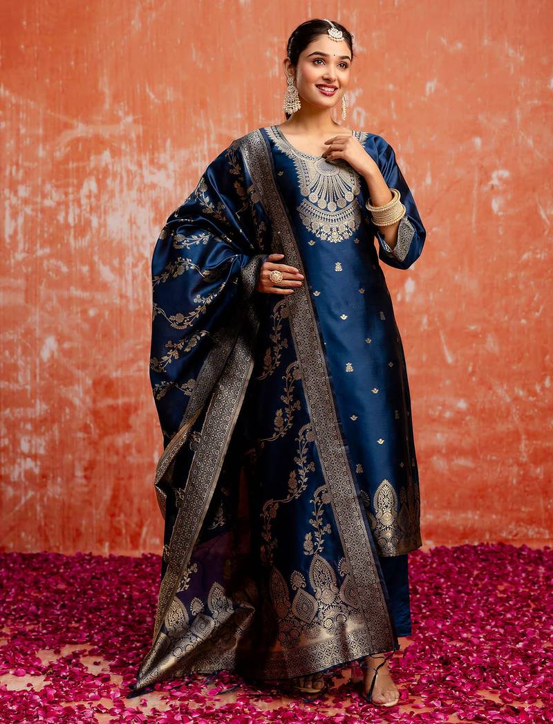 blue fancy cotton silk kurta set