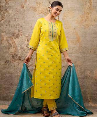 yellow fancy silk blend kurta set 4