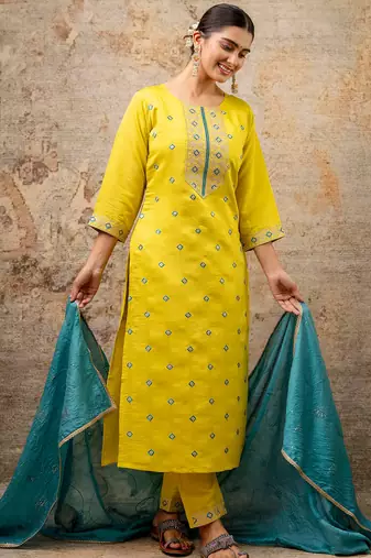 yellow fancy silk blend kurta set