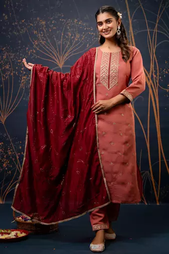 peach fancy silk blend kurta set