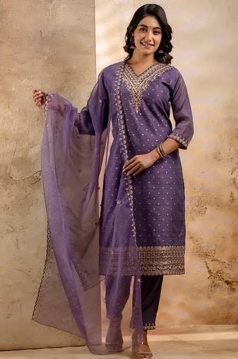 lavender fancy chanderi silk kurta set