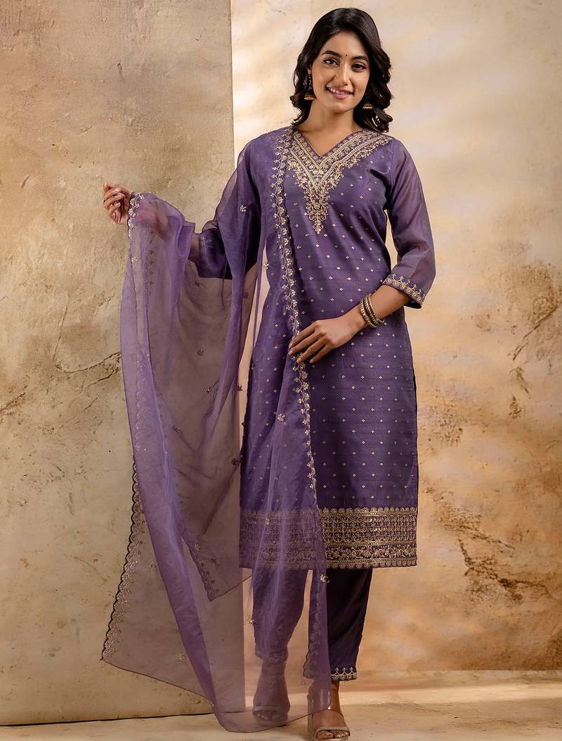 lavender fancy chanderi silk kurta set