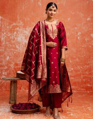 maroon fancy cotton silk kurta set 1