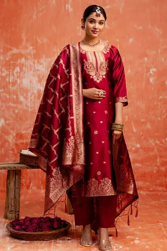 maroon fancy cotton silk kurta set