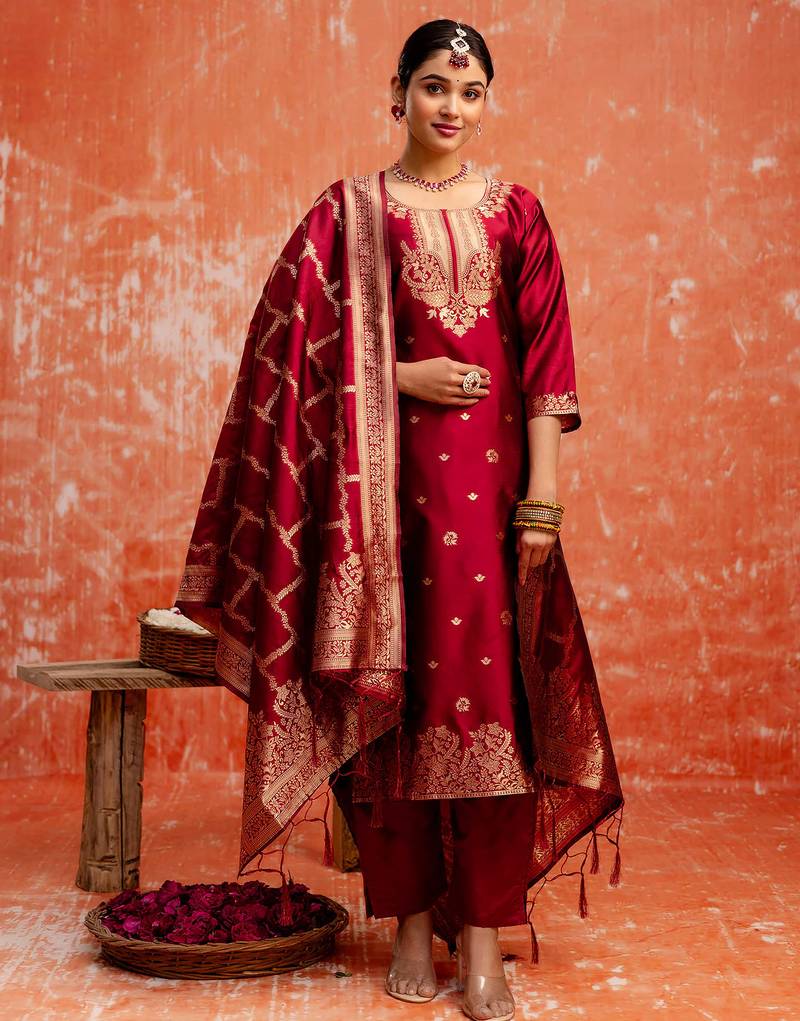 maroon fancy cotton silk kurta set