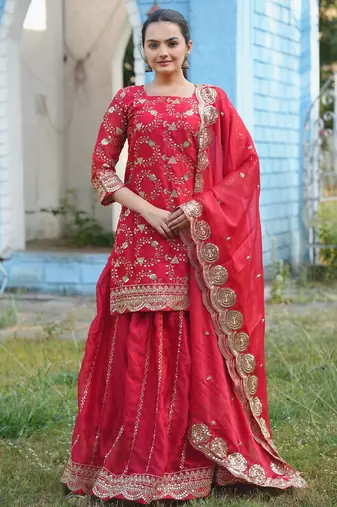 red fancy silk kurta set