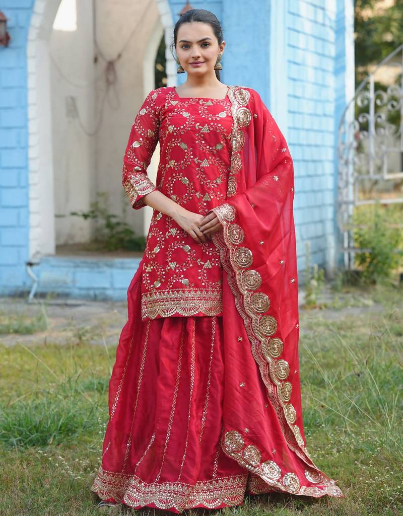 red fancy silk kurta set