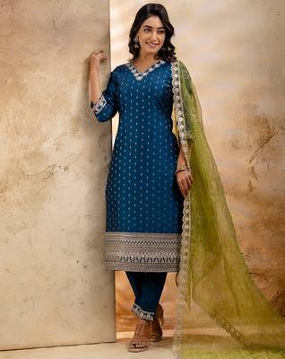 teal fancy chanderi silk kurta set 1