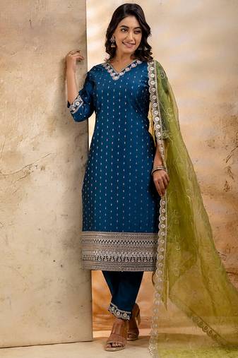 teal fancy chanderi silk kurta set