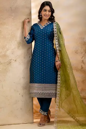 teal fancy chanderi silk kurta set