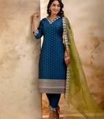 teal fancy chanderi silk kurta set
