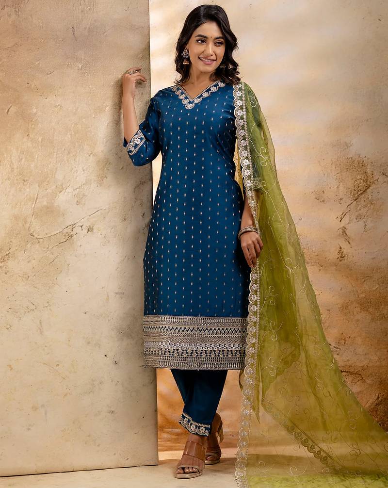 teal fancy chanderi silk kurta set