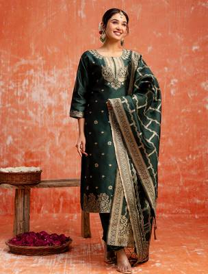 green fancy cotton silk kurta set 1