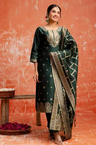 green fancy cotton silk kurta set