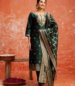 green fancy cotton silk kurta set