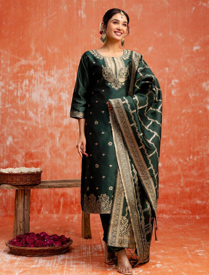 green fancy cotton silk kurta set