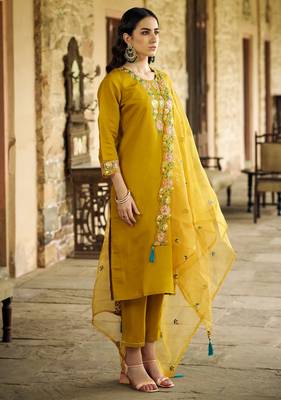 mustard fancy pure silk blend kurta set 2