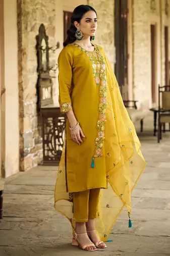 mustard fancy pure silk blend kurta set