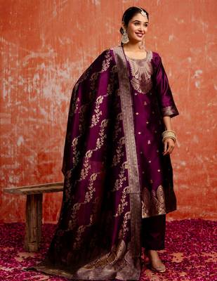 wine fancy cotton silk kurta set 1
