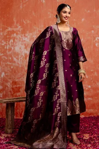 wine fancy cotton silk kurta set