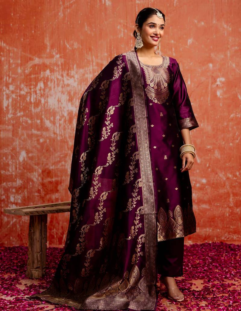 wine fancy cotton silk kurta set