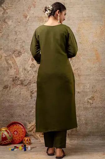 olive fancy silk blend kurta set