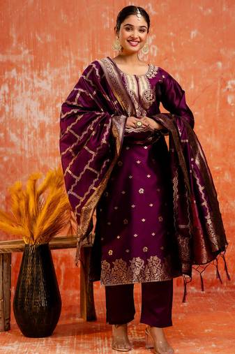 wine fancy cotton silk kurta set