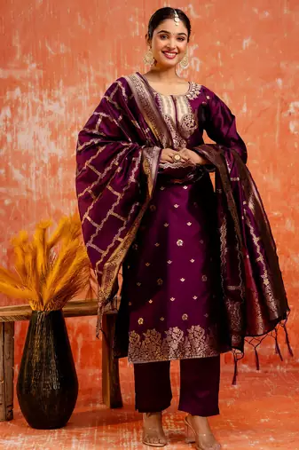 wine fancy cotton silk kurta set