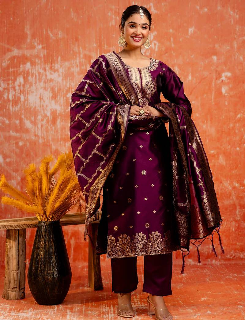 wine fancy cotton silk kurta set