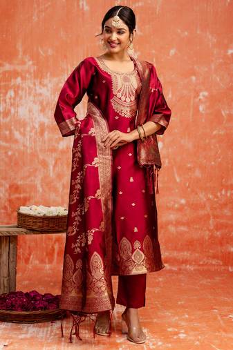 maroon fancy cotton silk kurta set