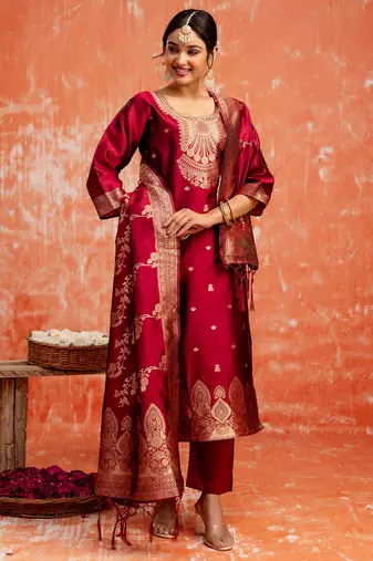 maroon fancy cotton silk kurta set