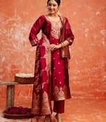 maroon fancy cotton silk kurta set