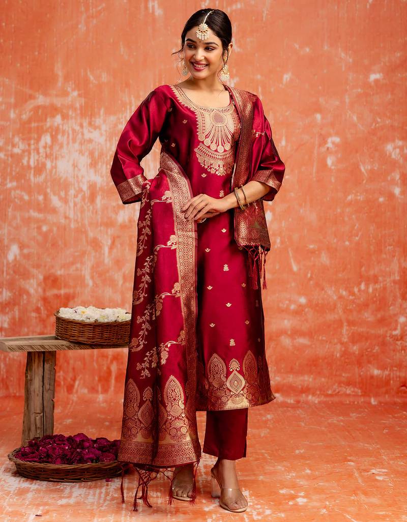 maroon fancy cotton silk kurta set