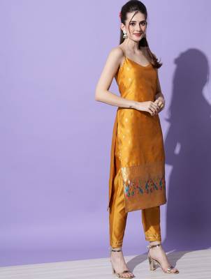 mustard fancy cotton silk kurta set 4