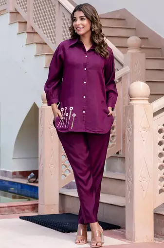 purple fancy silk blend kurta set