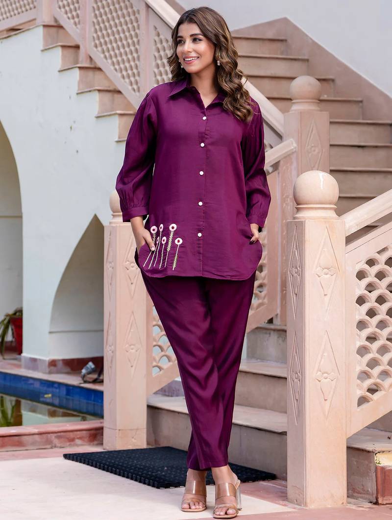 purple fancy silk blend kurta set