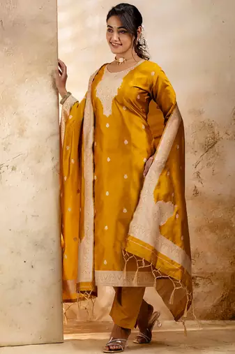 mustard fancy blended cotton kurta set