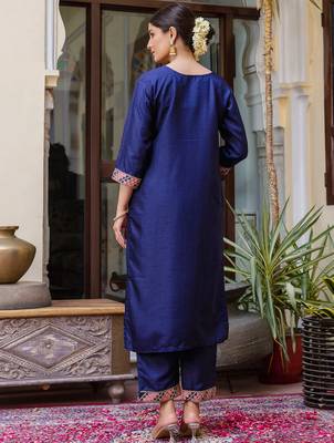 navy-blue fancy silk blend kurta set 3
