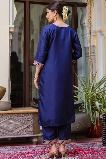 navy-blue fancy silk blend kurta set
