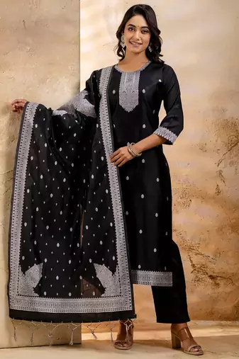 black fancy blended cotton kurta set