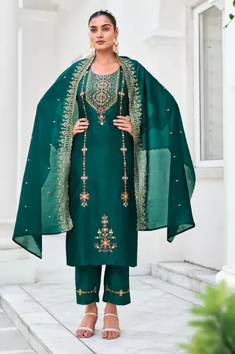 green fancy silk kurta set