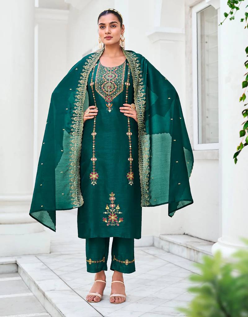 green fancy silk kurta set