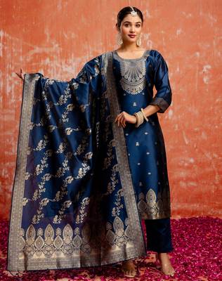 blue fancy cotton silk kurta set 2