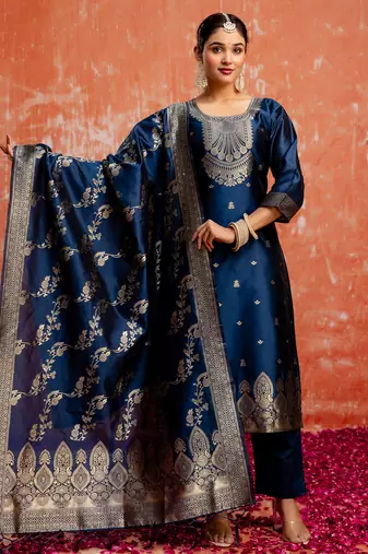 blue fancy cotton silk kurta set